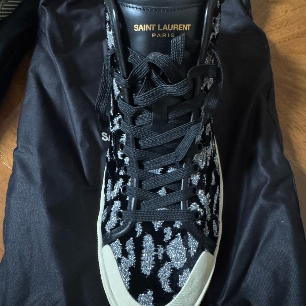 SAINT LAURENT Black Velvet & Silver Glitter Leopard Print High Tops Size 44.5 - Picture 6 of 9